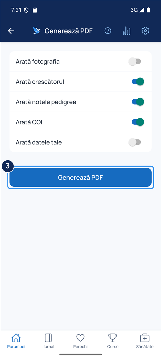 Apasă Generează PDF: PDF-ul se deschide în meniul de partajare al telefonului.
