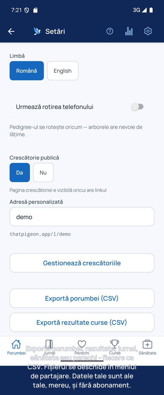 Exportă porumbei, rezultate, jurnal, sănătate sau perechi, fiecare ca CSV.
