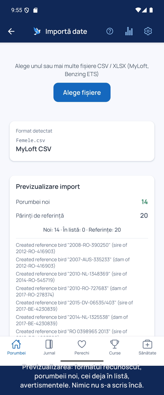 Previzualizarea: formatul recunoscut, porumbeii noi, cei deja în listă, avertismentele.