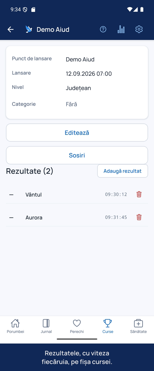 Rezultatele, cu viteza fiecăruia, pe fișa cursei.